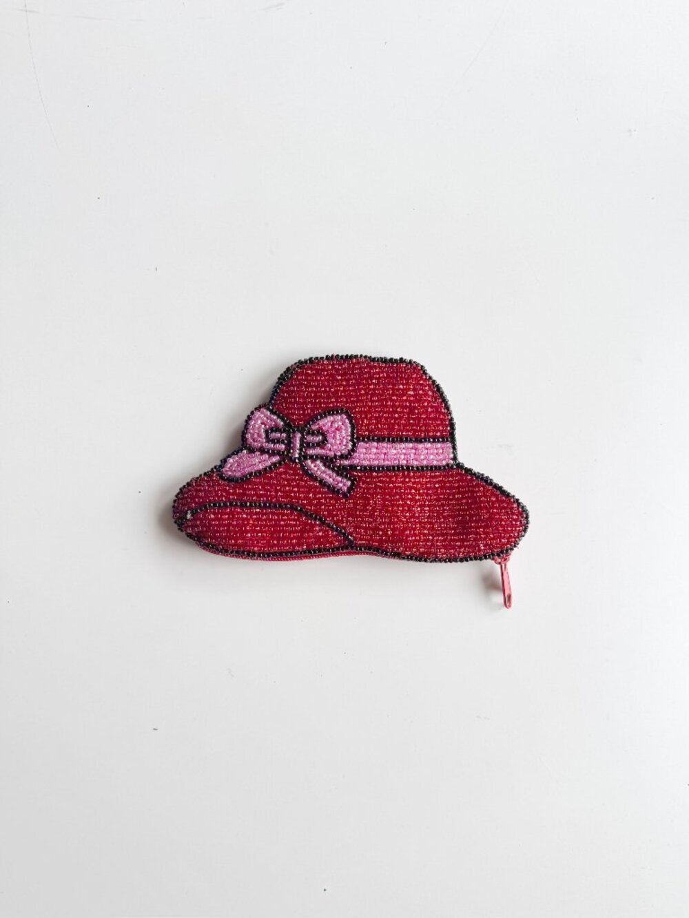 Small Red Pink Beaded Hat Coin Change Purse